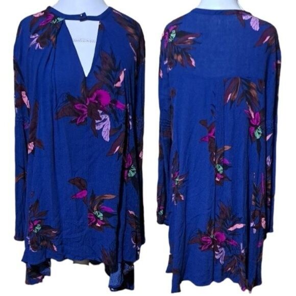 Free People Dress Women XS Tree Swing Blue Tunic Floral Keyhole Boho Long Sleeve - Picture 2 of 9
